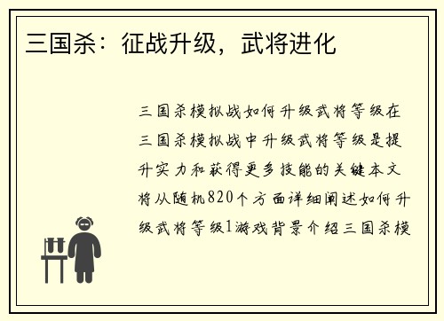 三国杀：征战升级，武将进化